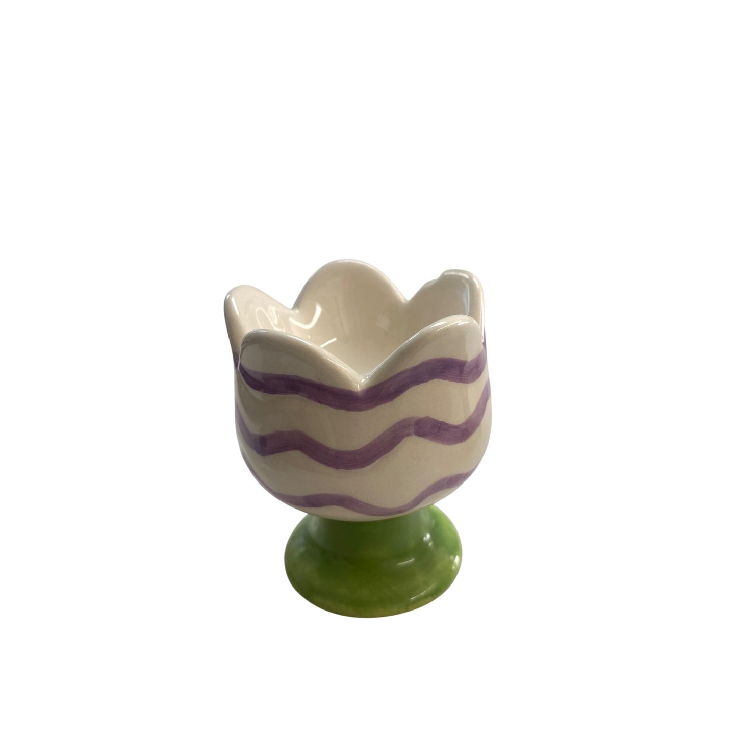 Set Of 3 Ceramic Tulip Egg Cups With Pastel Stripes In Purple Pink & Green