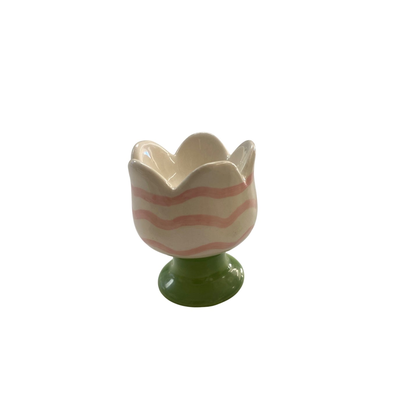 Set Of 3 Ceramic Tulip Egg Cups With Pastel Stripes In Purple Pink & Green