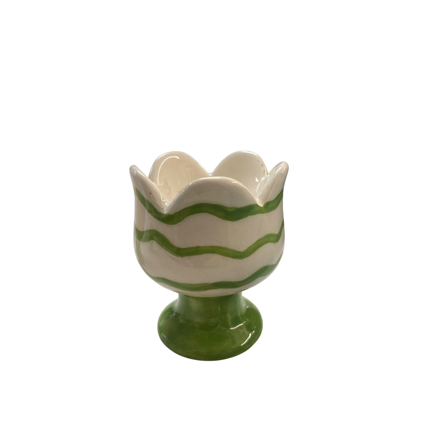 Set Of 3 Ceramic Tulip Egg Cups With Pastel Stripes In Purple Pink & Green