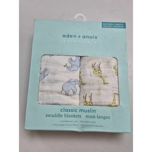 Aden + Anais Essentials Classic Muslin Swaddle Blankets 2-Pack 44"x44" 100% Cotton Elephant & Giraffe Print