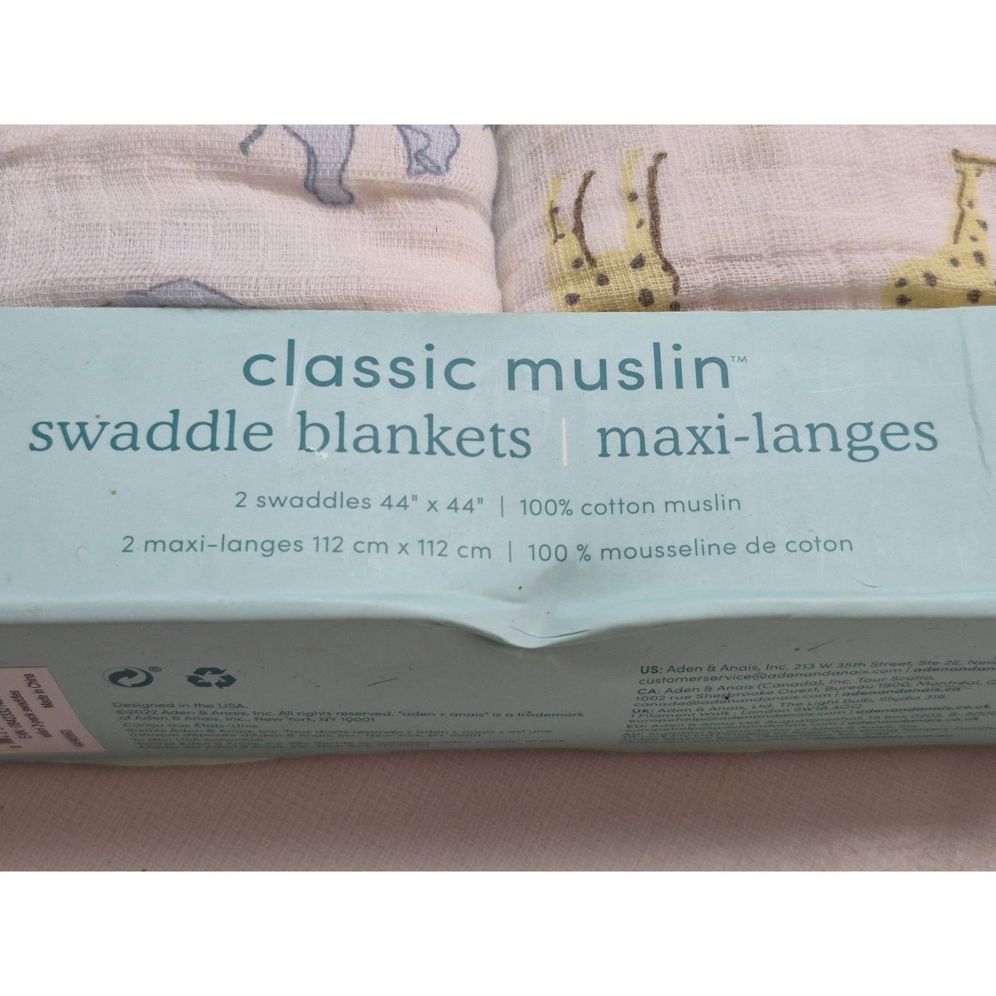 Aden + Anais Essentials Classic Muslin Swaddle Blankets 2-Pack 44"x44" 100% Cotton Elephant & Giraffe Print
