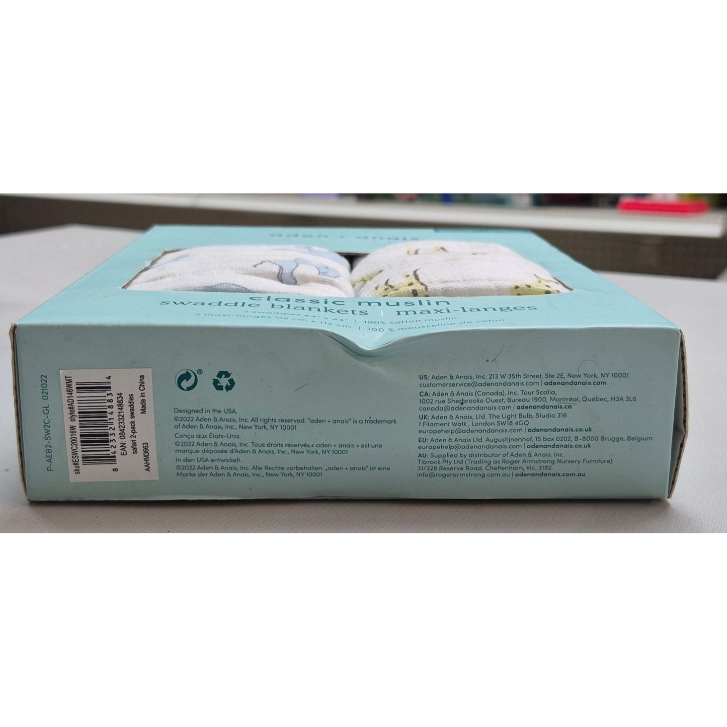 Aden + Anais Essentials Classic Muslin Swaddle Blankets 2-Pack 44"x44" 100% Cotton Elephant & Giraffe Print