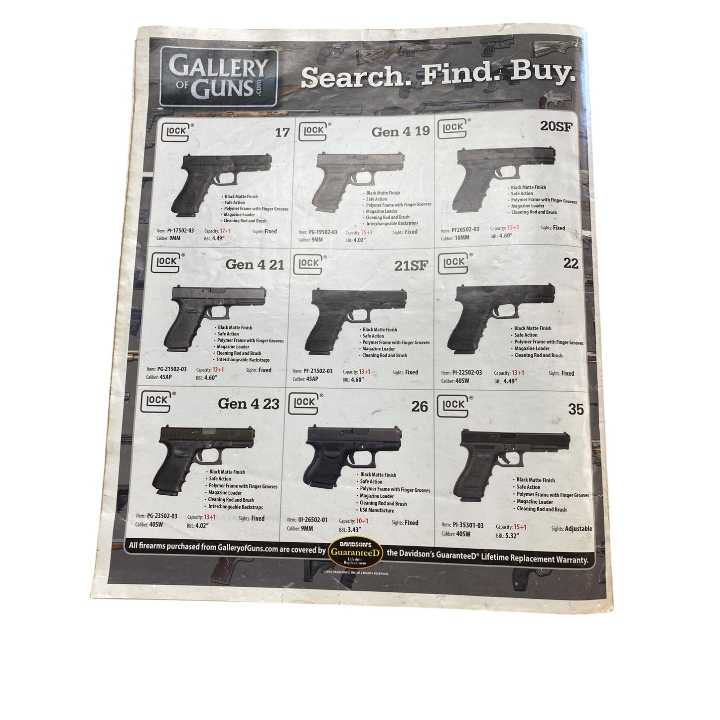 Glock Firearms Catalog Featuring Popular Models Gen 4 19 17 20SF 26 22 23 & 21SF With Specifications