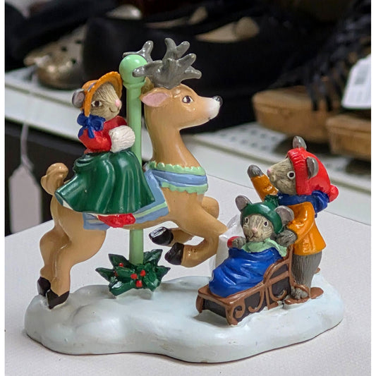 Avon 1993 Kathy Jeffers Christmas Figurine With Deer & Mice On Snow Base