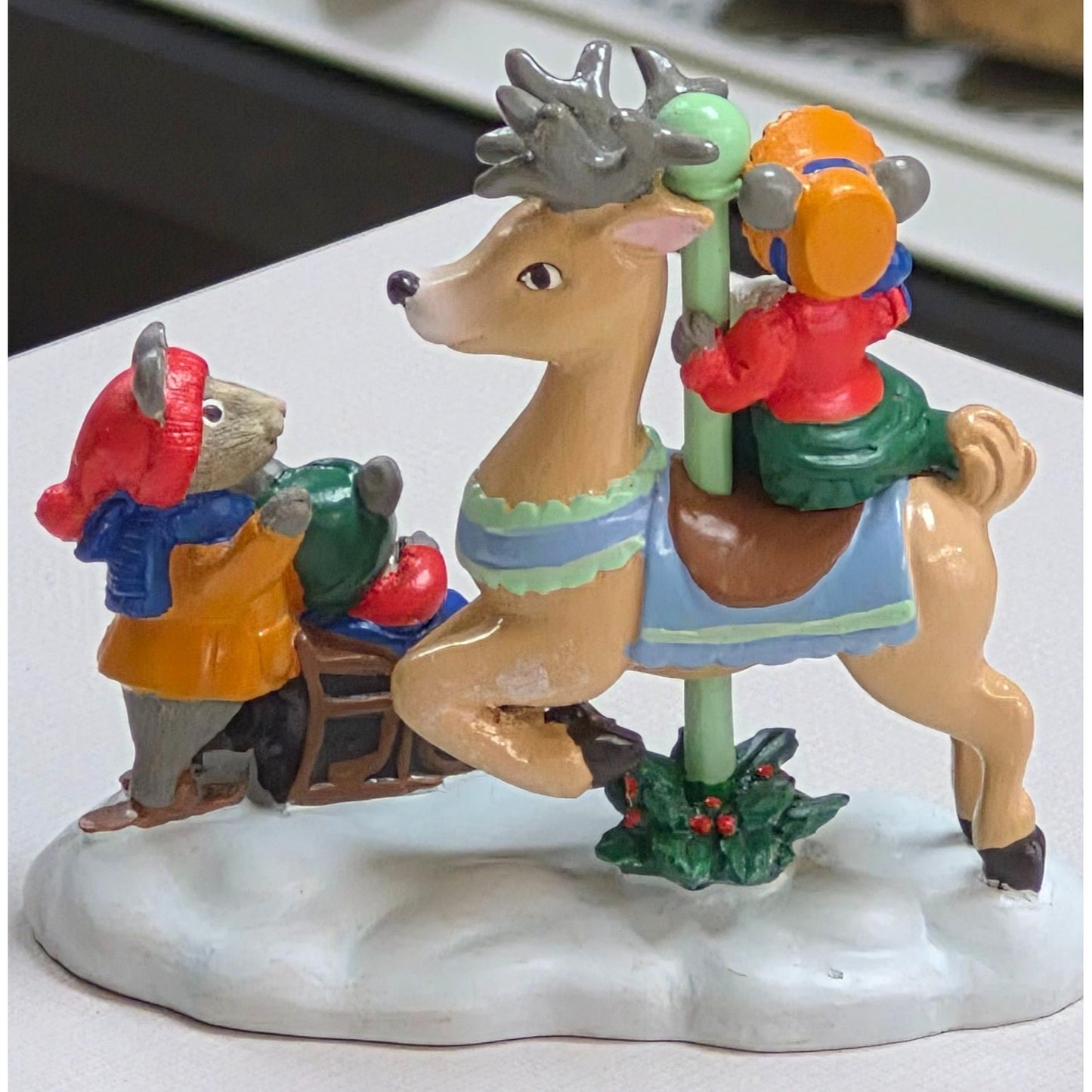 Avon 1993 Kathy Jeffers Christmas Figurine With Deer & Mice On Snow Base