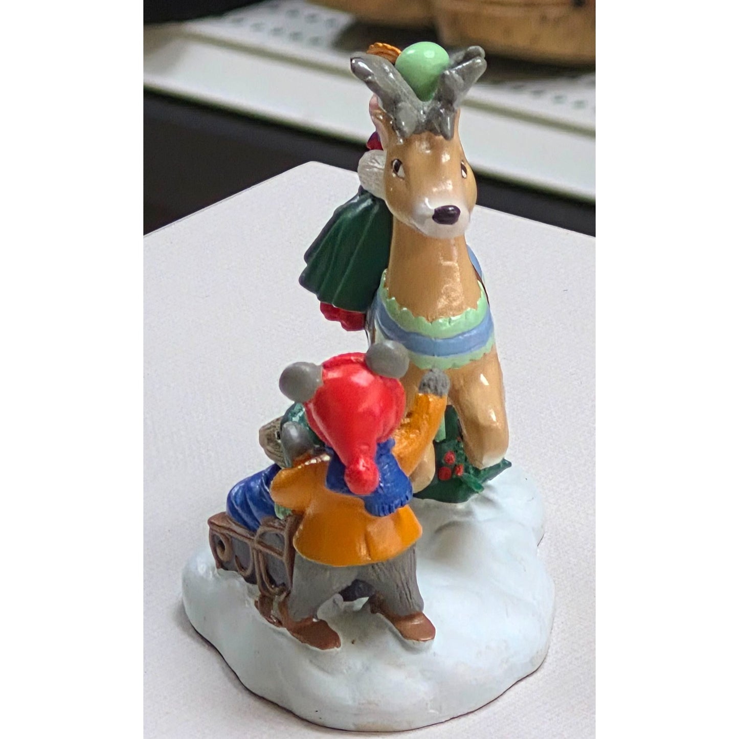 Avon 1993 Kathy Jeffers Christmas Figurine With Deer & Mice On Snow Base