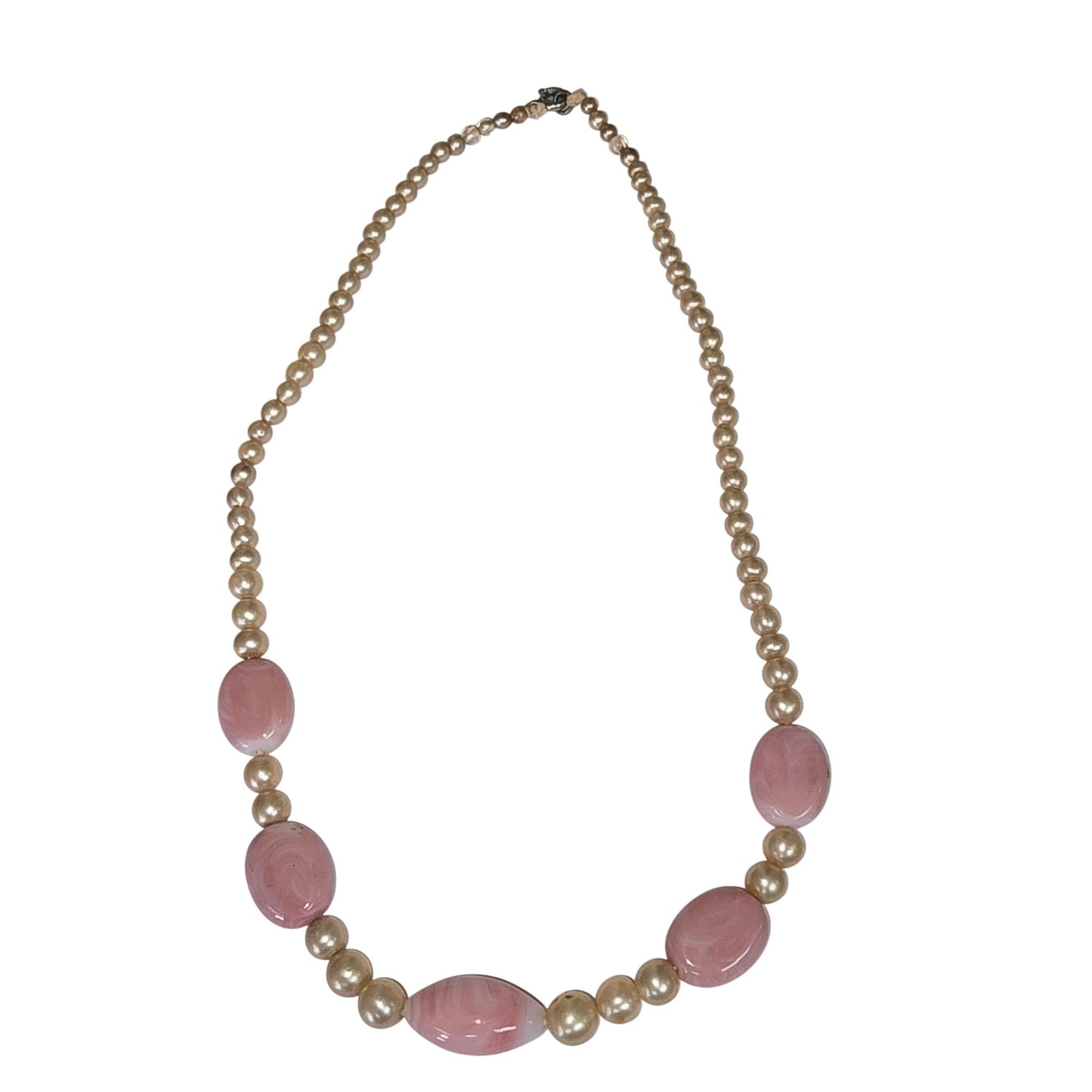Vintage Pink & Cream Faux Pearl Necklace Marbled Beads