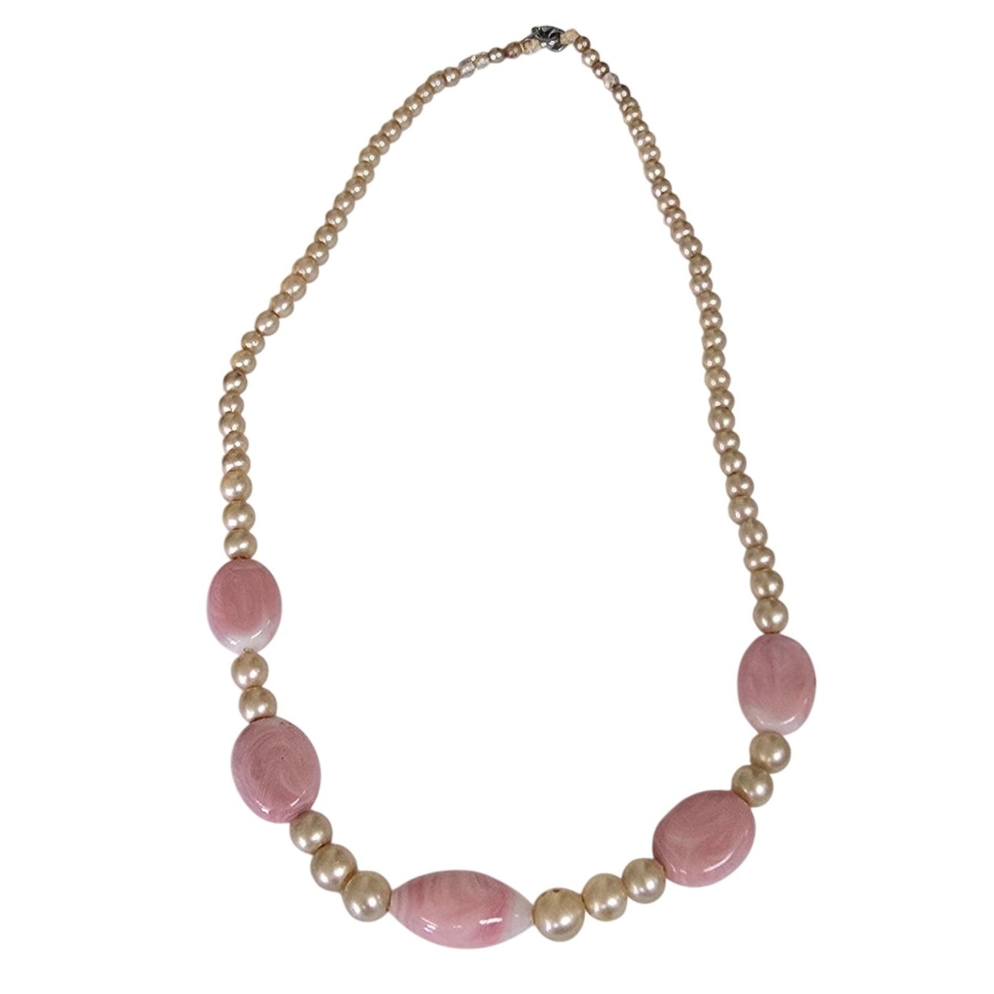Vintage Pink & Cream Faux Pearl Necklace Marbled Beads