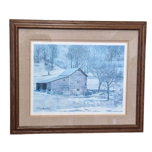 Vintage Winter Barn Print by Richard W Plasschaert Signed Numbered