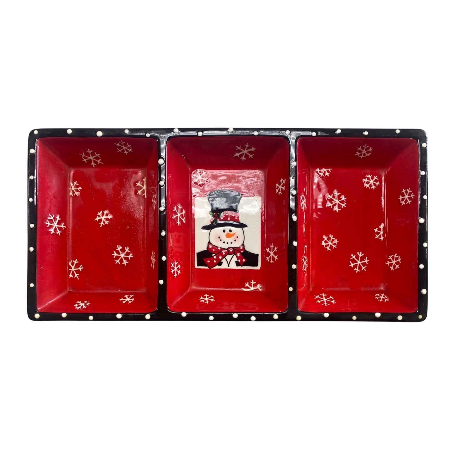 Red & Black Ceramic Snowman Divided Serving Tray With Snowflake Design