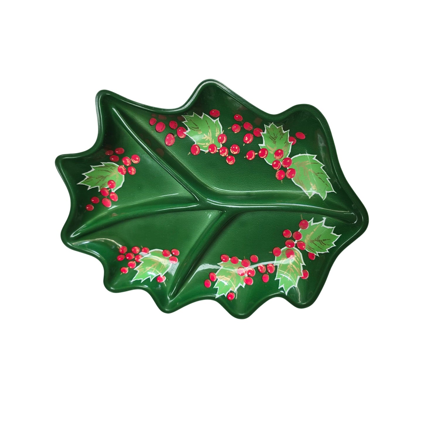 Vintage Plastic Holly Leaf Cookie Tray Candy Serving Platter Christmas Tableware
