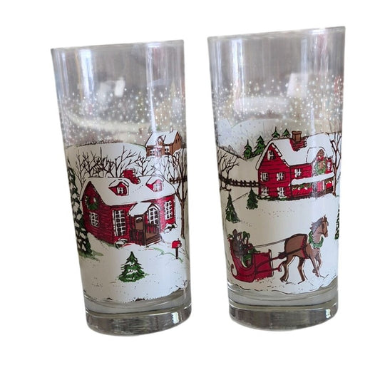 Vintage Winter Farm Village Scene Drinking Glass Tumblers Set 2