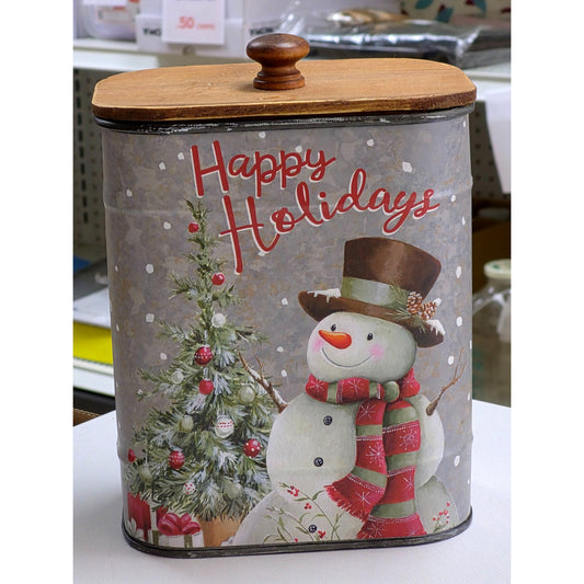 Vintage "Happy Holidays" Tin Canister With Wooden Lid & Snowman Design