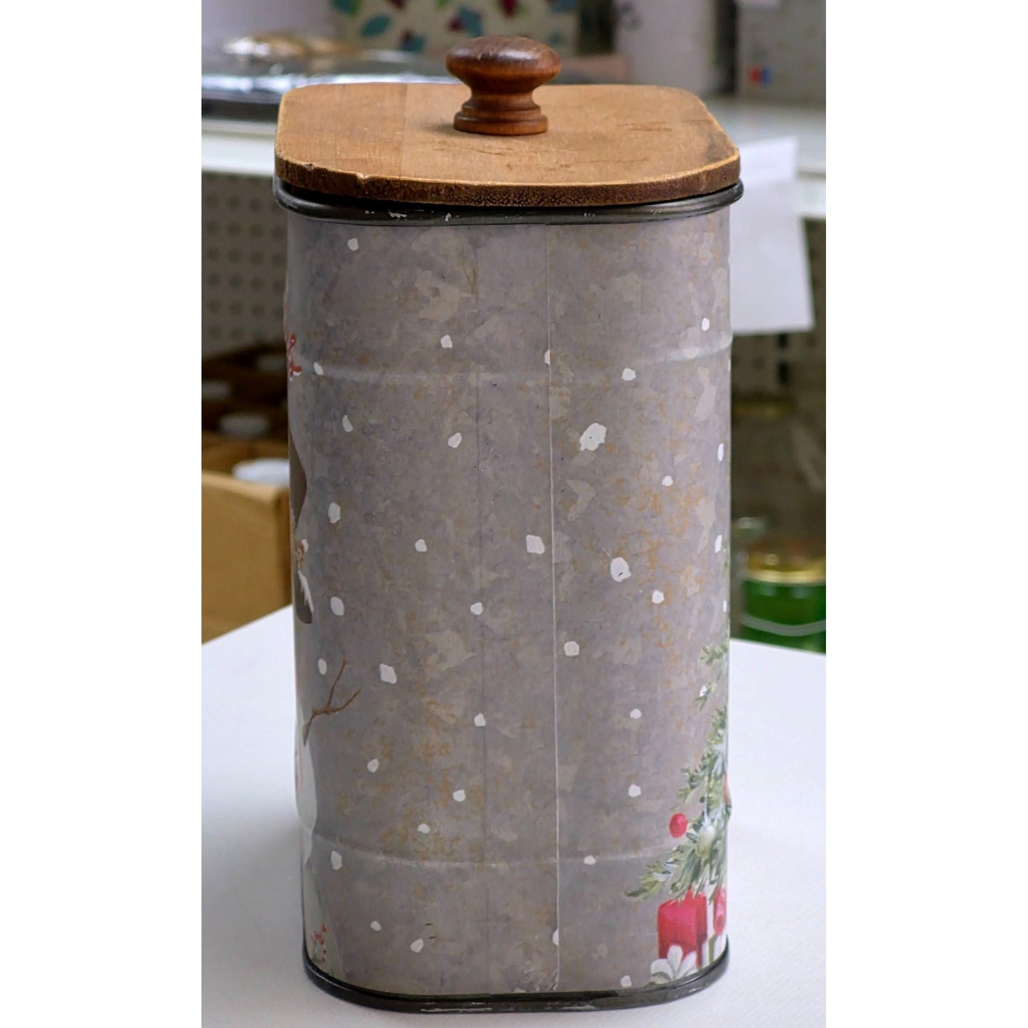 Vintage "Happy Holidays" Tin Canister With Wooden Lid & Snowman Design