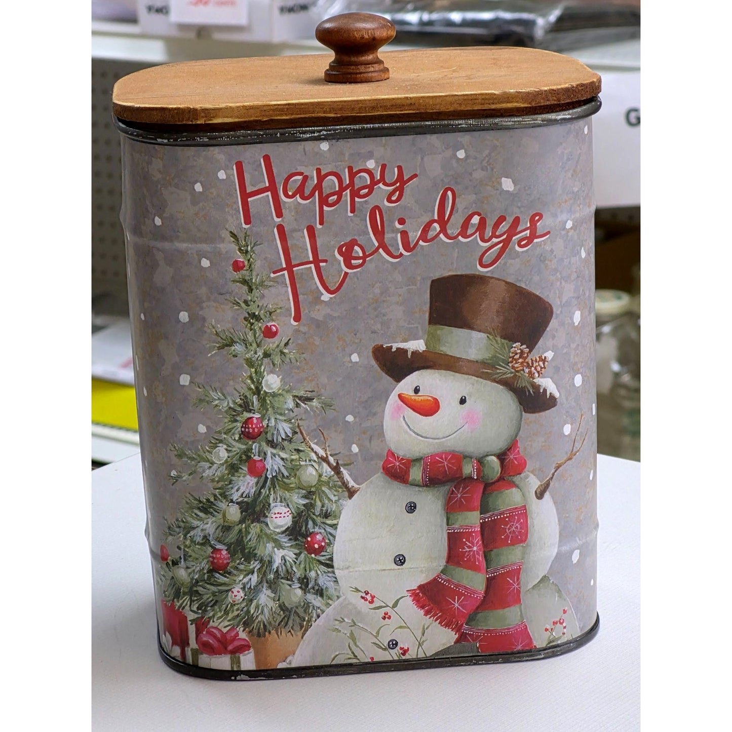 Vintage "Happy Holidays" Tin Canister With Wooden Lid & Snowman Design