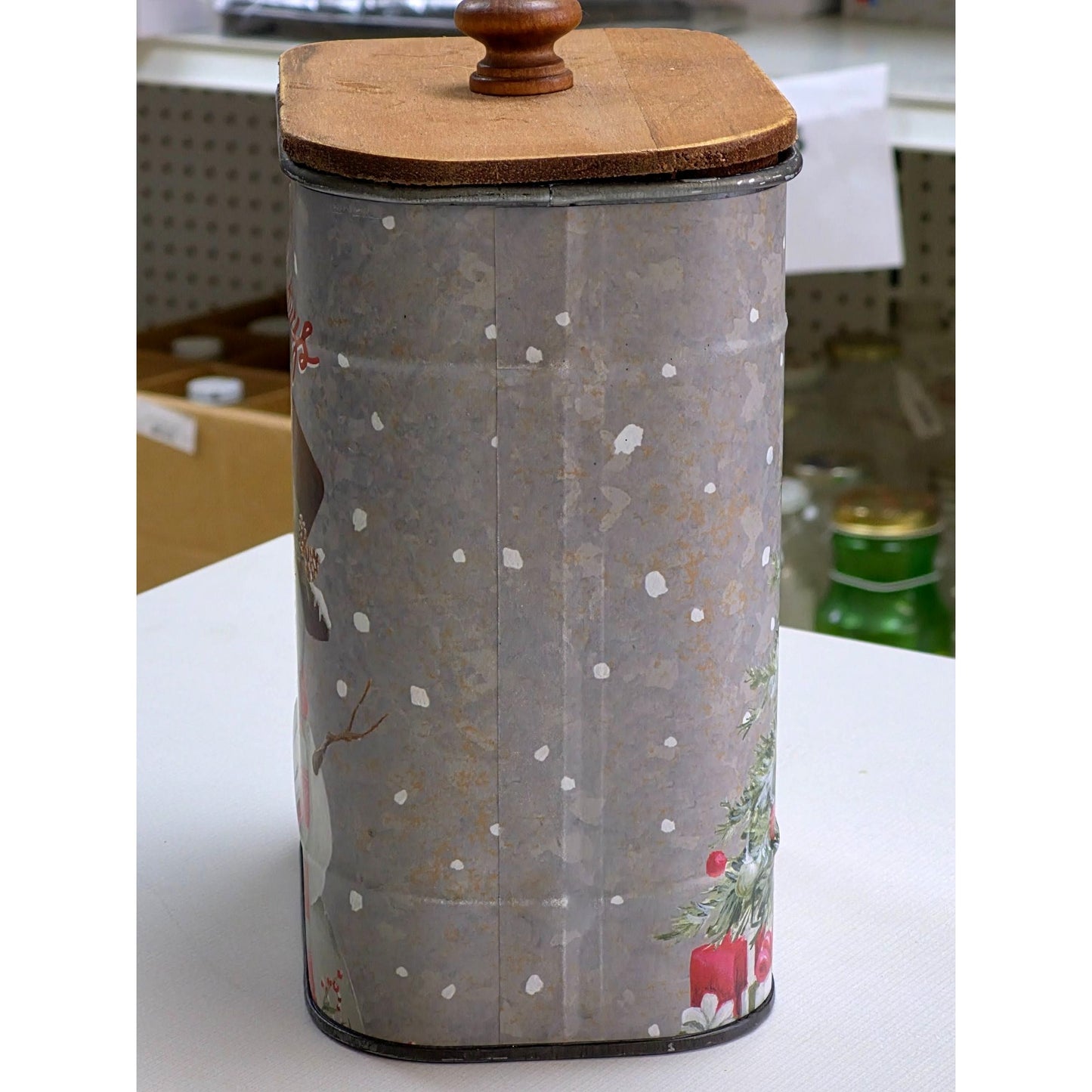 Vintage "Happy Holidays" Tin Canister With Wooden Lid & Snowman Design