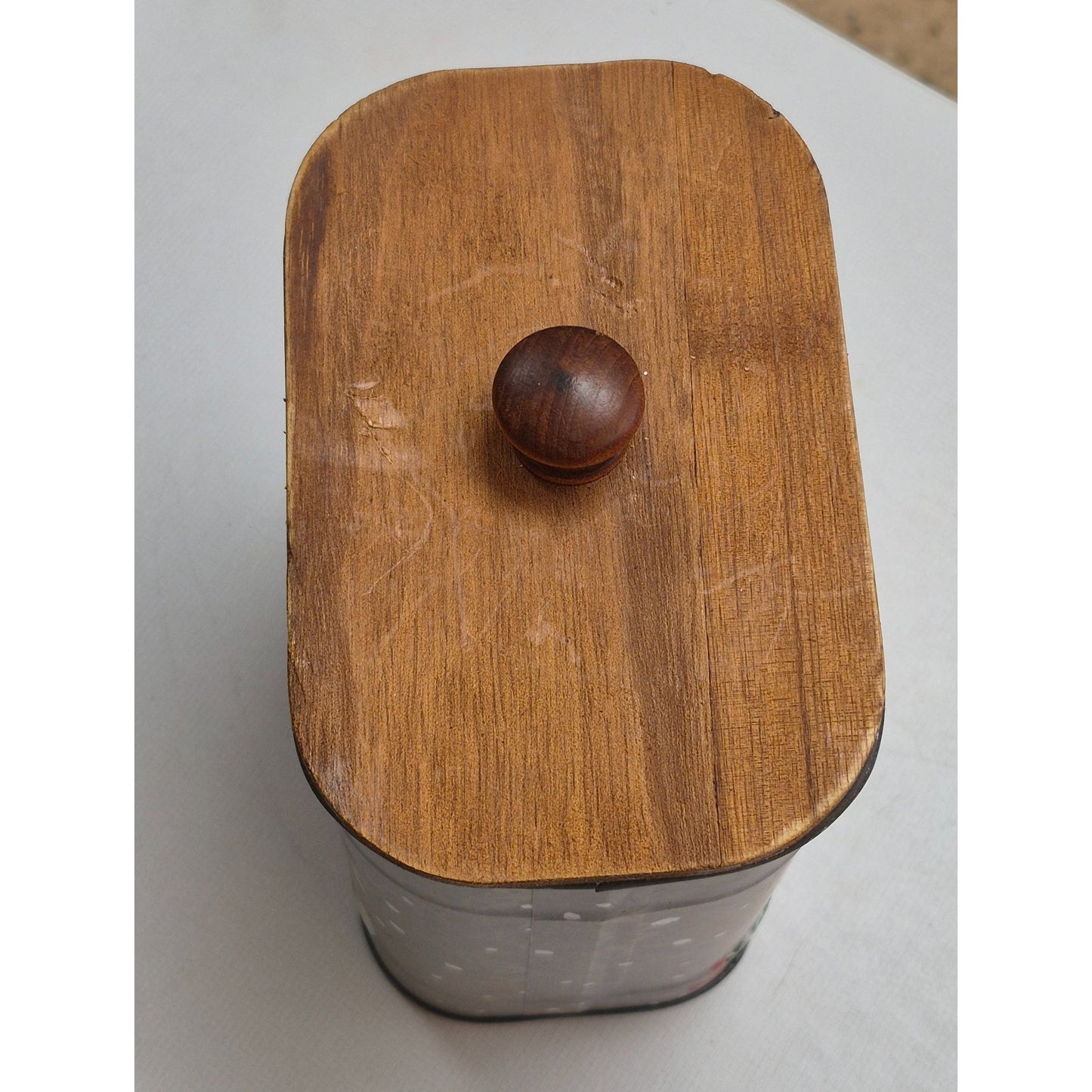 Vintage "Happy Holidays" Tin Canister With Wooden Lid & Snowman Design