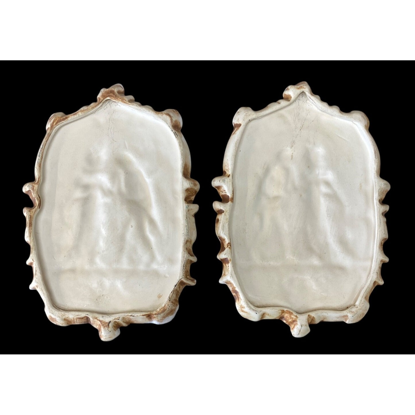 Romantic Bisque Ceramic Relief Plaques – Classical Pair with Cherub-Inspired Ornamentation