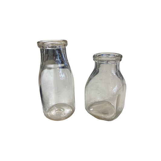 Vintage Clear Glass Milk Bottles Set Of 2 With Embossed Base & Unique Shape