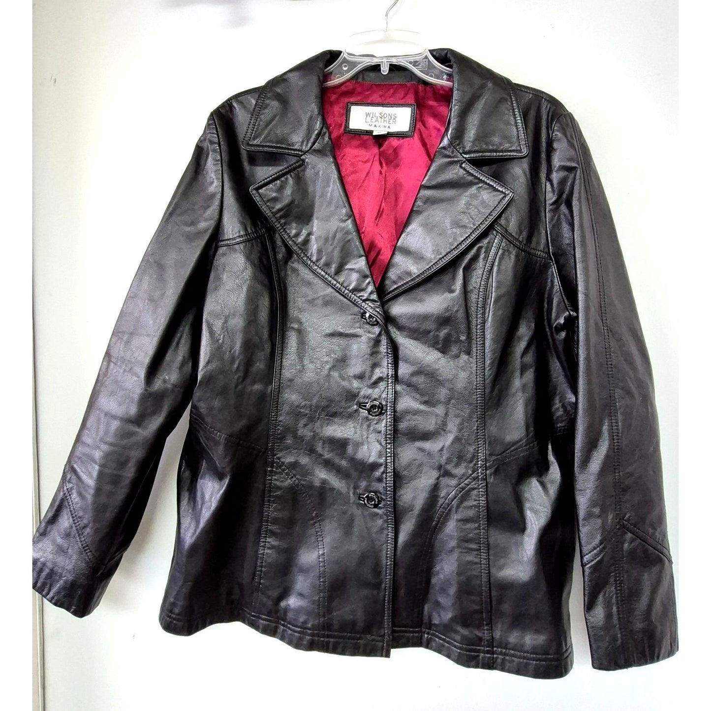 Wilsons Leather Maxima Black Genuine Leather Jacket XL Womens Blazer Style Button Front & Red Lining