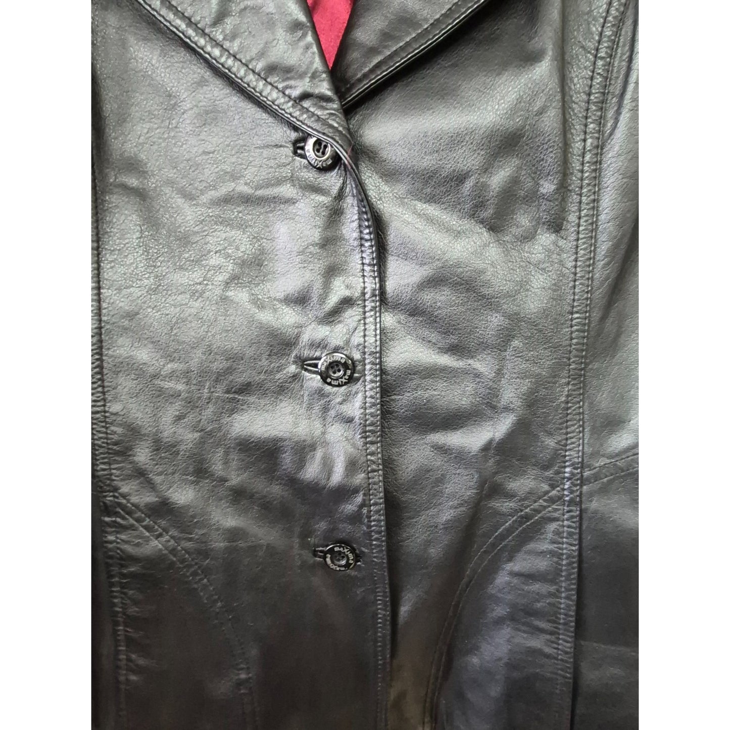 Wilsons Leather Maxima Black Genuine Leather Jacket XL Womens Blazer Style Button Front & Red Lining