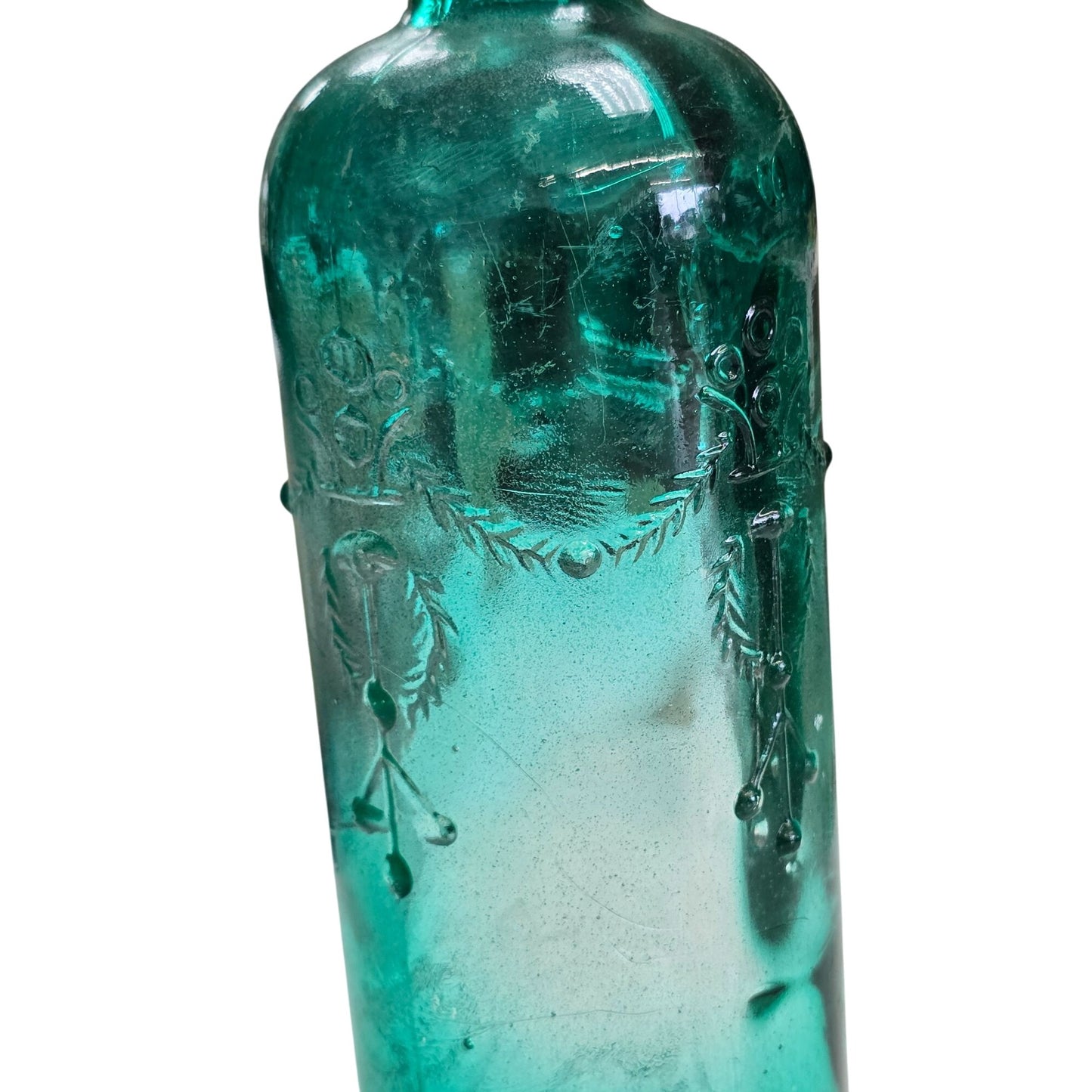 Embossed Glass Bottle Green 9"
