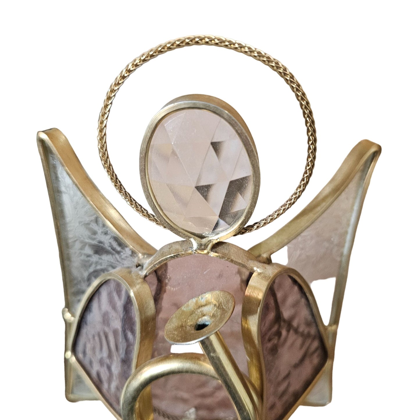 Stained Glass Angel Figurine With Trumpet - Gold Trim & Crystal Halo