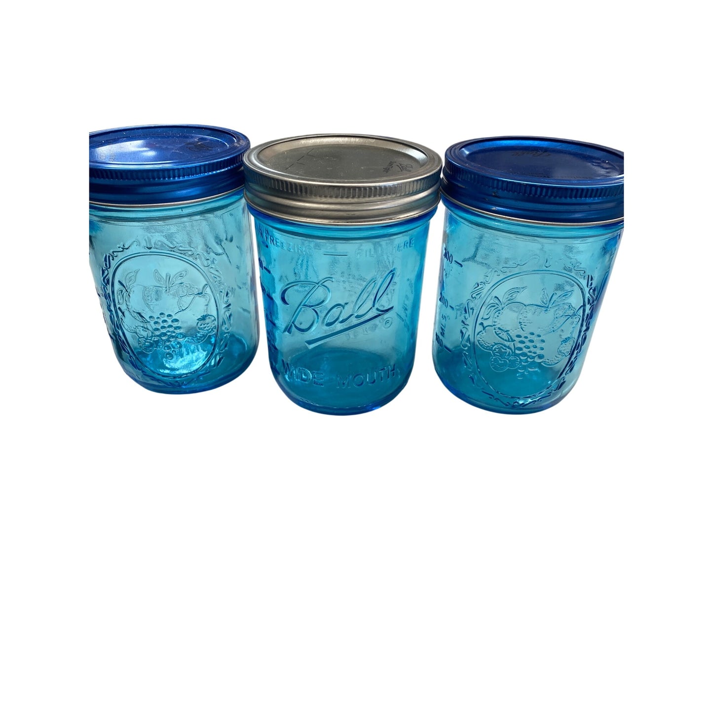 Set Of 3 Ball Blue Mason Jars With Fruit Design & Lids 300ml/10oz Wide Mouth Glass Storage Collectible