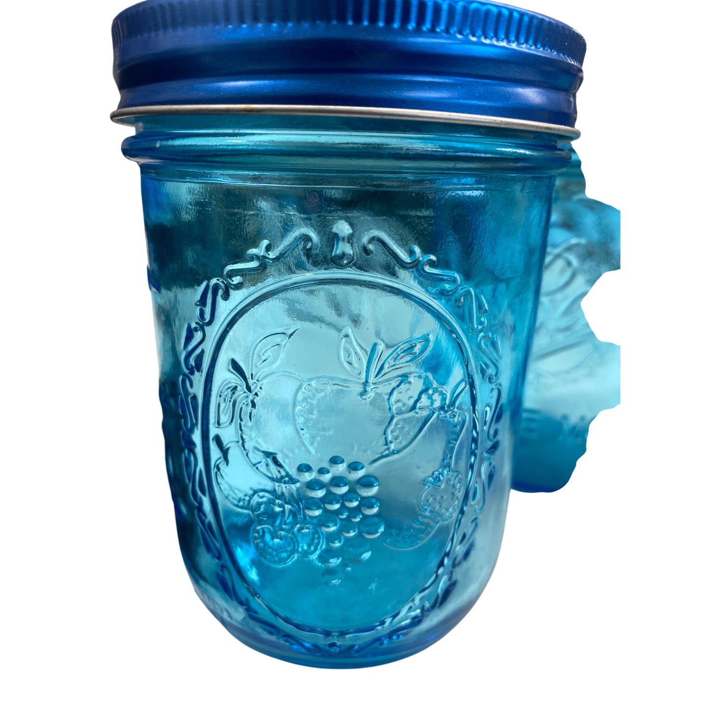 Set Of 3 Ball Blue Mason Jars With Fruit Design & Lids 300ml/10oz Wide Mouth Glass Storage Collectible