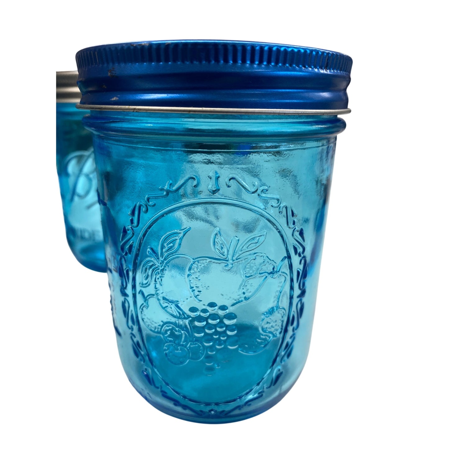 Set Of 3 Ball Blue Mason Jars With Fruit Design & Lids 300ml/10oz Wide Mouth Glass Storage Collectible