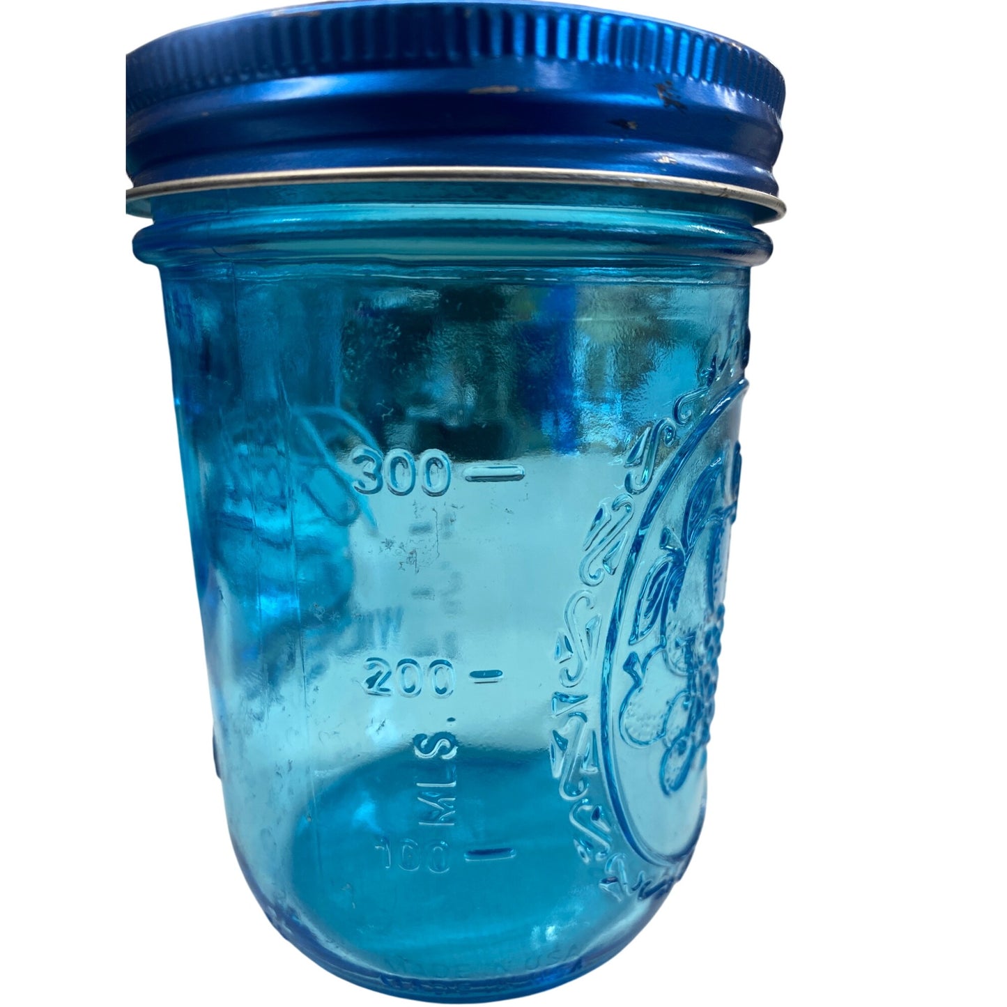 Set Of 3 Ball Blue Mason Jars With Fruit Design & Lids 300ml/10oz Wide Mouth Glass Storage Collectible
