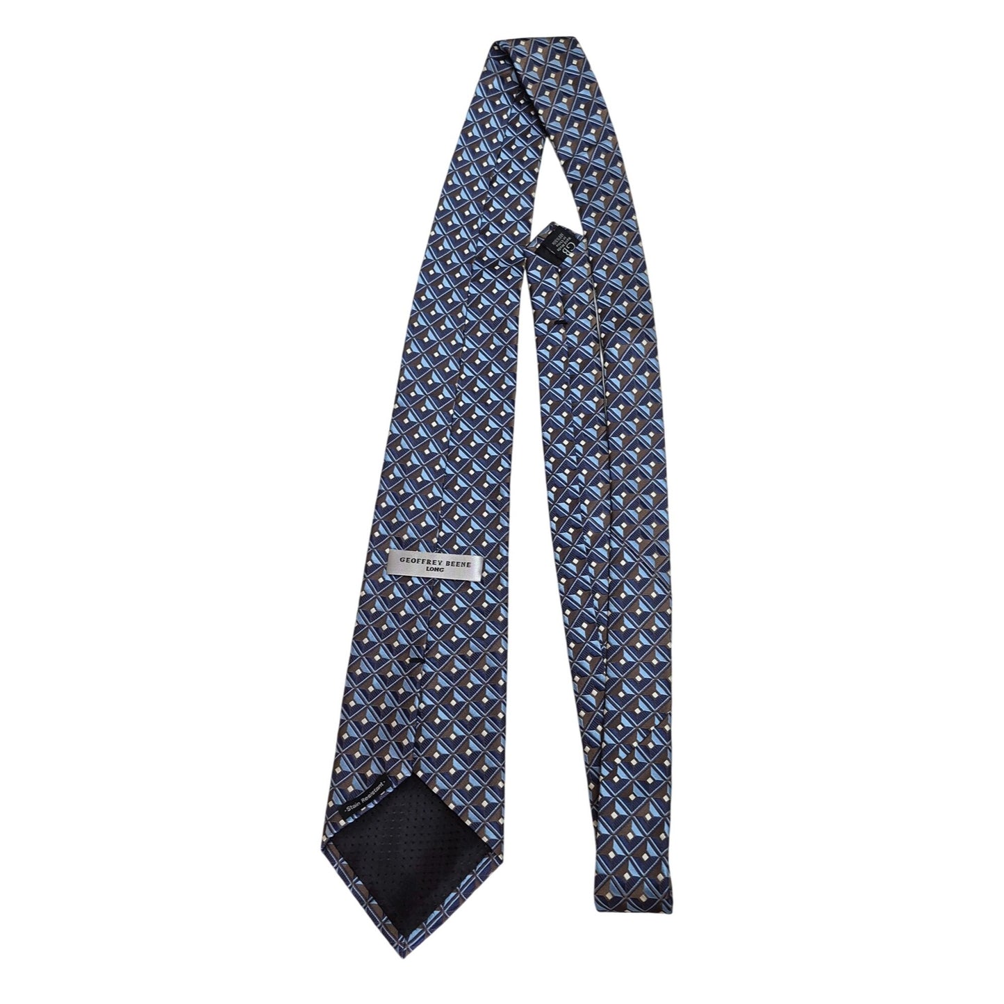 Geoffrey Beene Mens Silk Necktie Blue & Brown Geometric Pattern