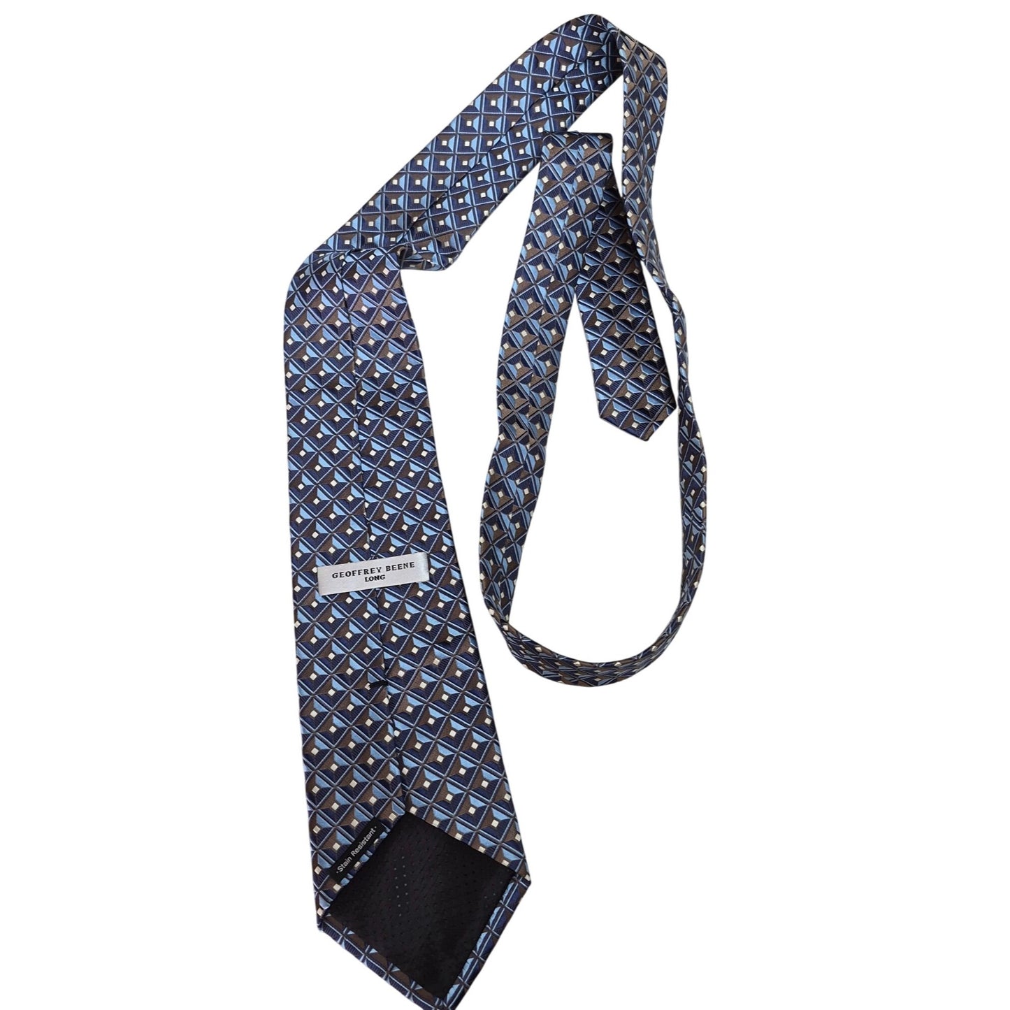 Geoffrey Beene Mens Silk Necktie Blue & Brown Geometric Pattern