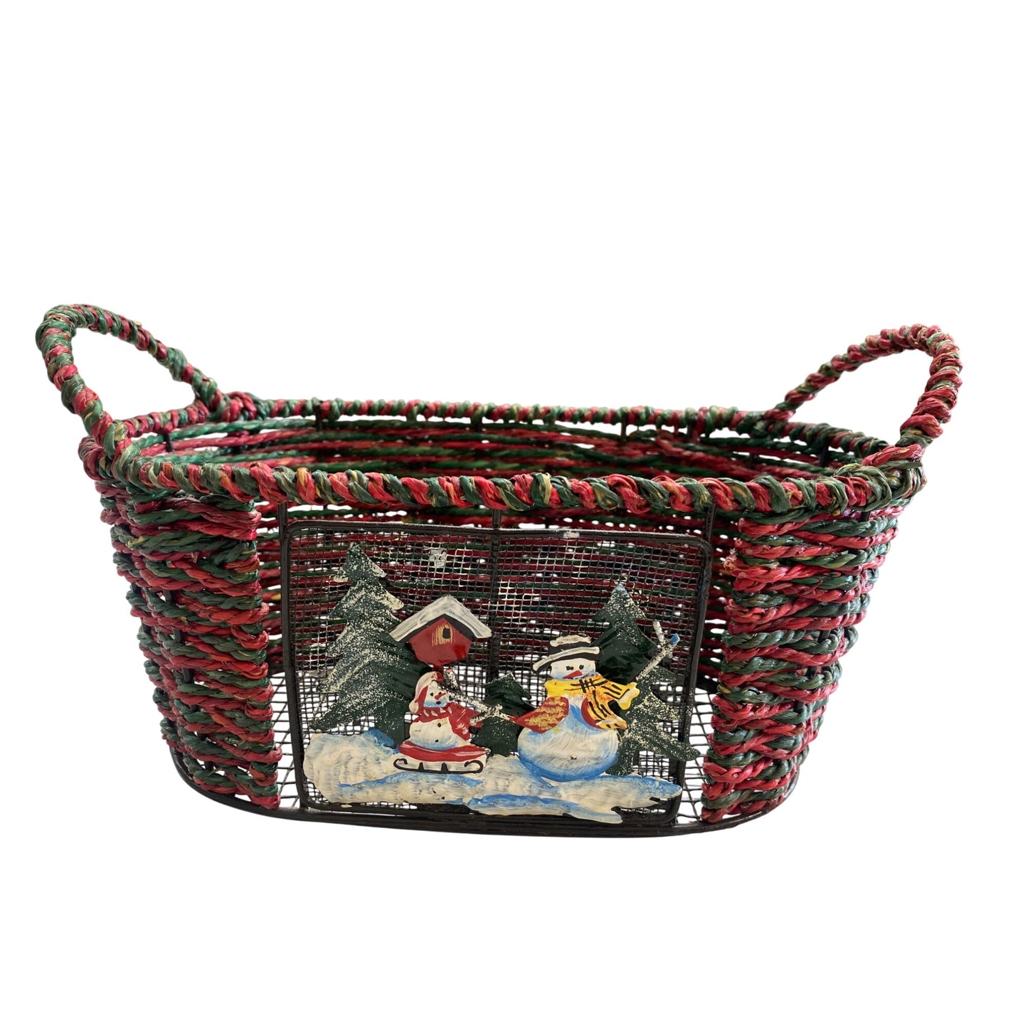 Festive Woven Basket With Handles & Snowman Scene Decoration