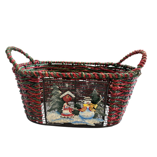 Festive Woven Basket With Handles & Snowman Scene Decoration