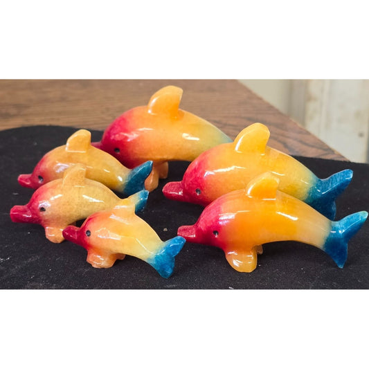 Polished Stone Dolphin Lot Hand-Carved Multicolor Figurine Orange Red Blue