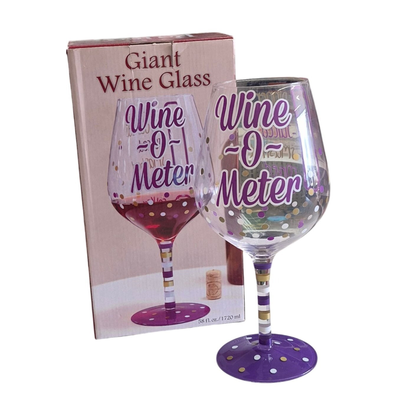 Giant Wine Glass 58 oz "Wine-O-Meter" Purple & Gold Polka Dots Holds Two Bottles of Wine