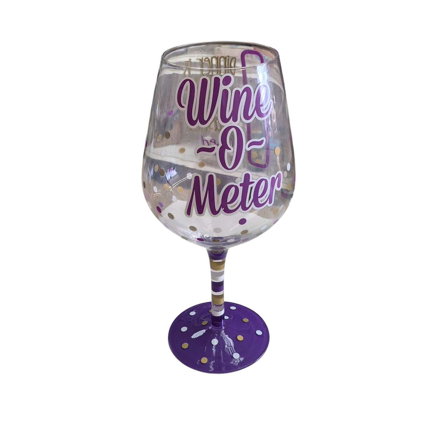 Giant Wine Glass 58 oz "Wine-O-Meter" Purple & Gold Polka Dots Holds Two Bottles of Wine