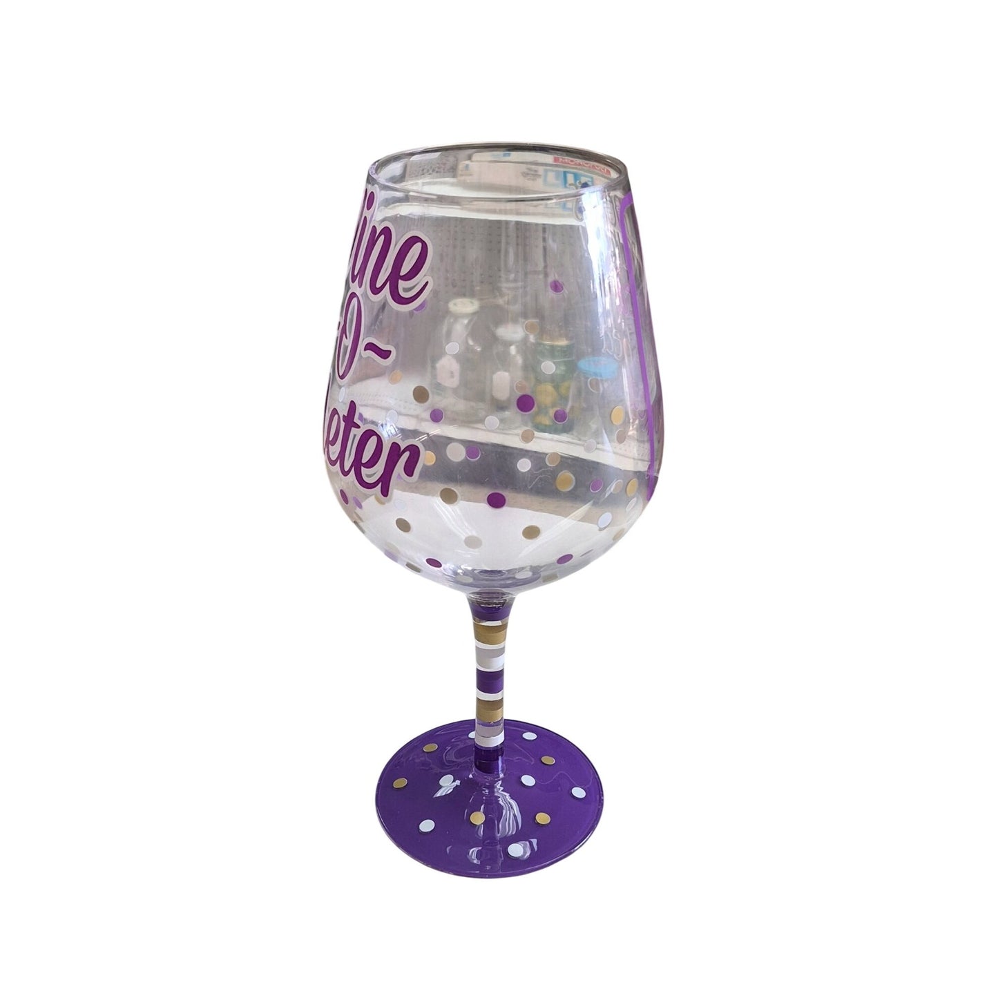 Giant Wine Glass 58 oz "Wine-O-Meter" Purple & Gold Polka Dots Holds Two Bottles of Wine