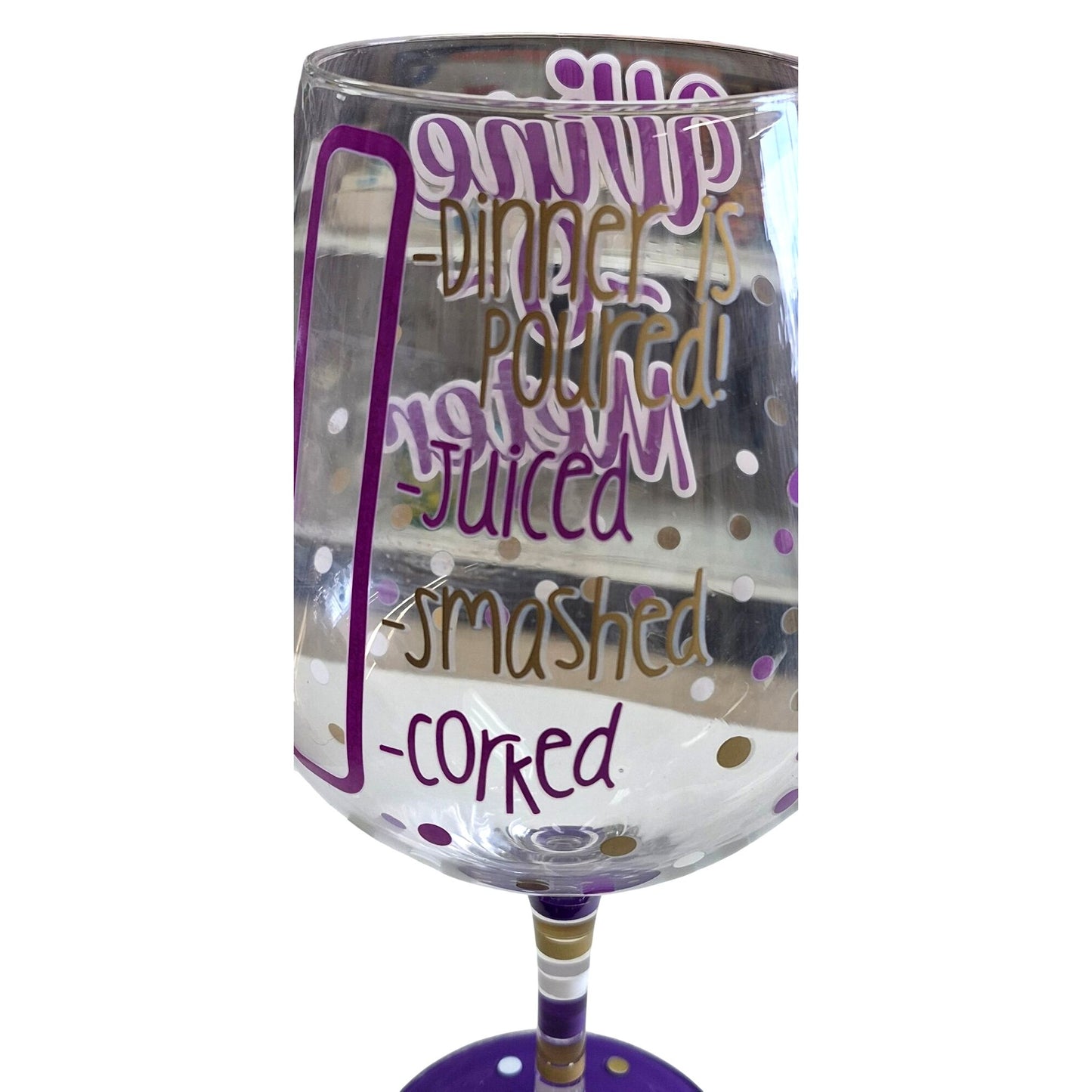 Giant Wine Glass 58 oz "Wine-O-Meter" Purple & Gold Polka Dots Holds Two Bottles of Wine