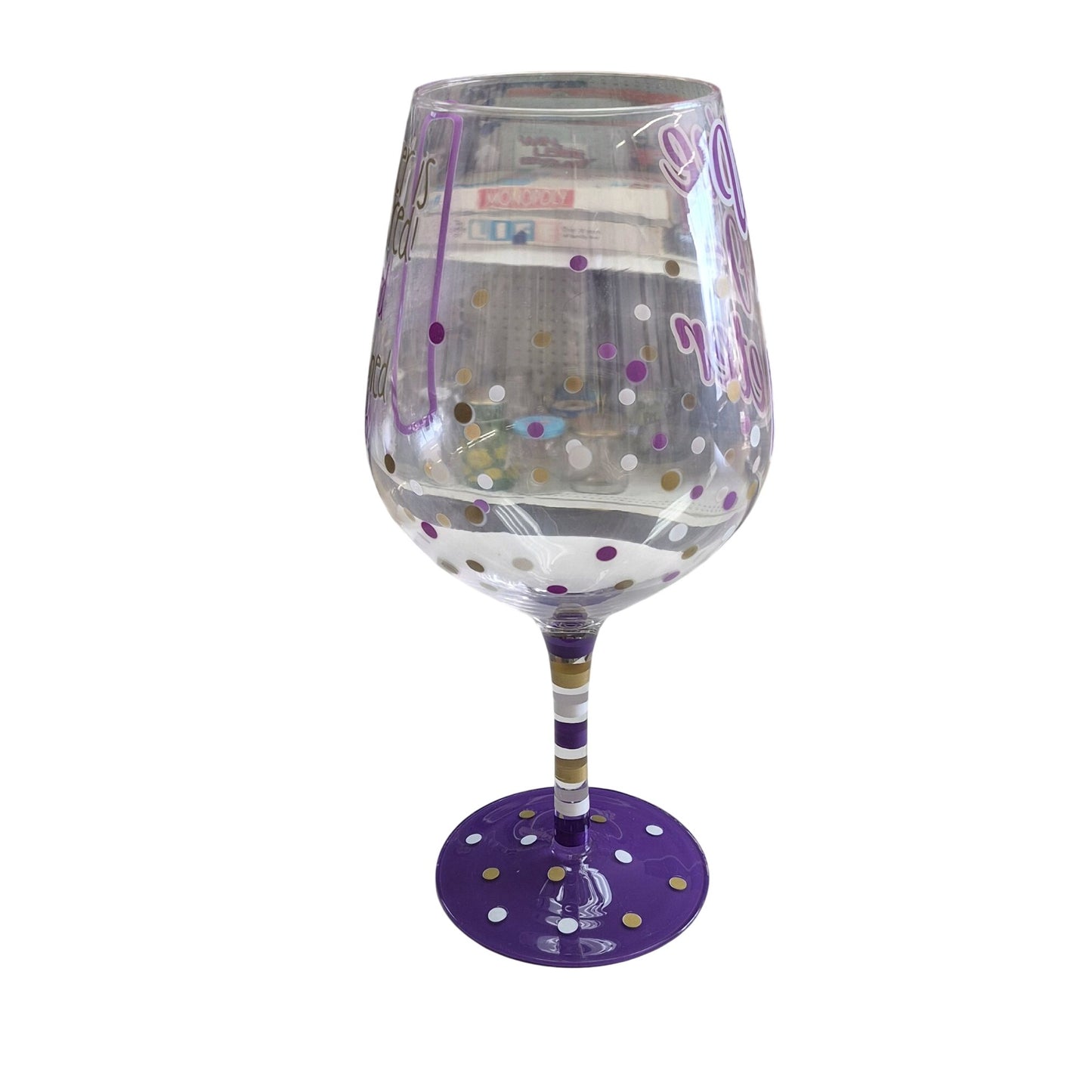 Giant Wine Glass 58 oz "Wine-O-Meter" Purple & Gold Polka Dots Holds Two Bottles of Wine