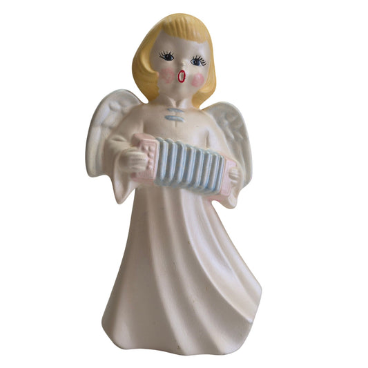 Vintage Ceramic Angel Figurine Accordion Blonde Hair & Blue Wings