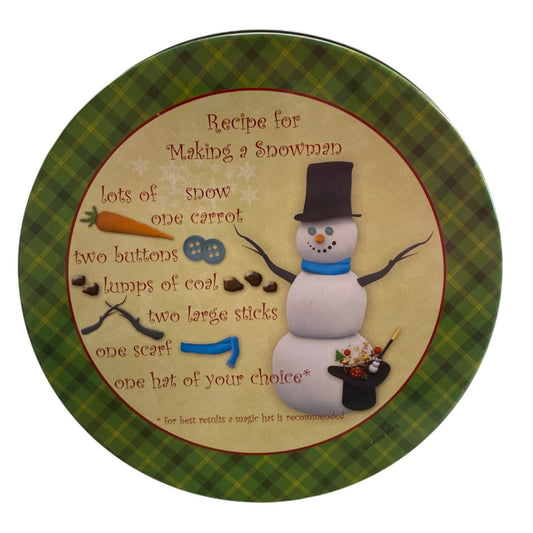 Decorative Holiday Tin Canister With Snowman Recipe Design