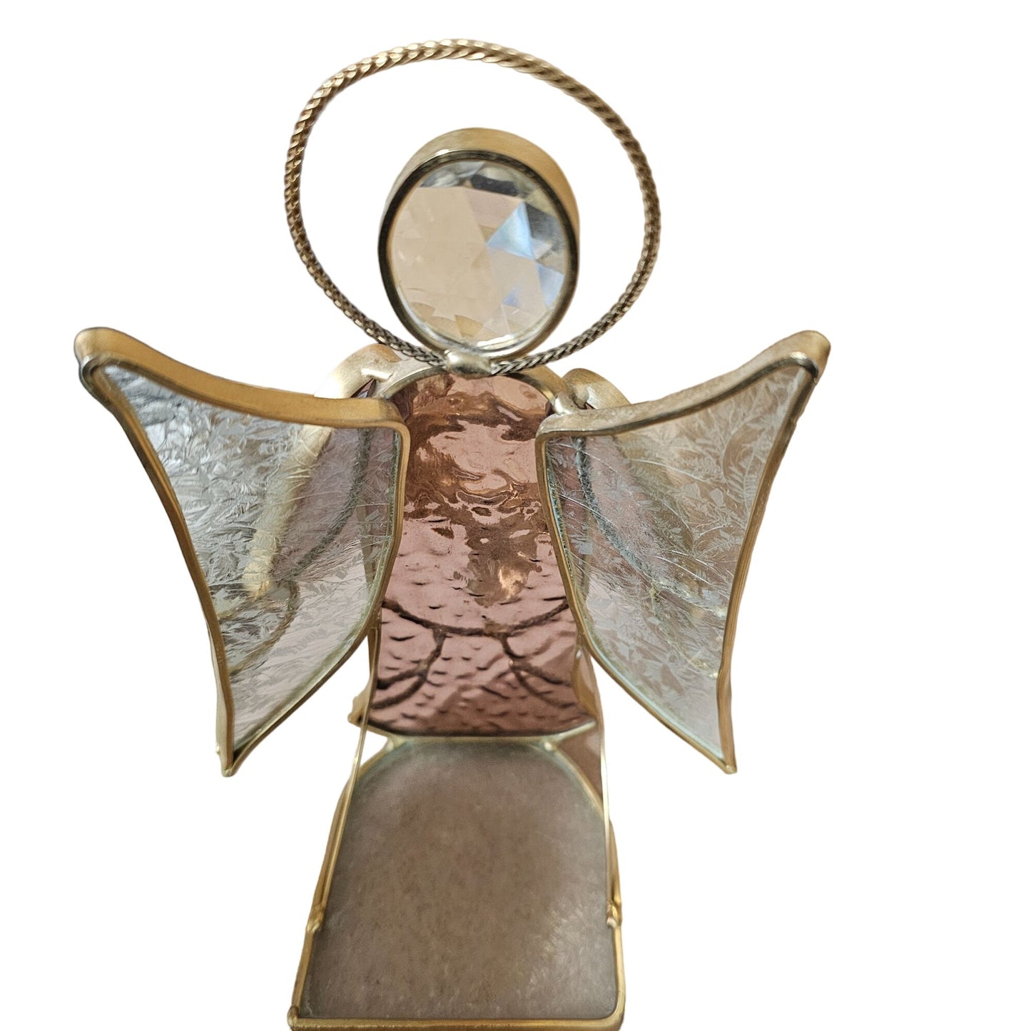 Stained Glass Angel Figurine With Trumpet - Gold Trim & Crystal Halo