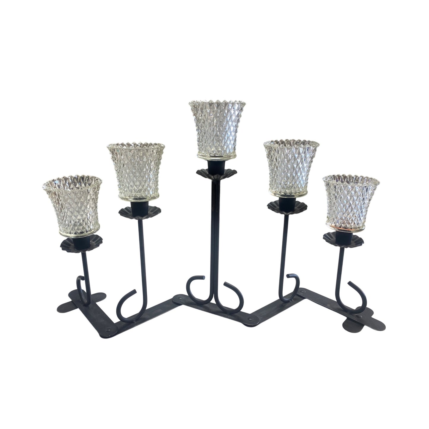 Black Accordion Metal Candle Holder With 5 Diamond-Cut Glass Cups For Tea Lights Or Votives