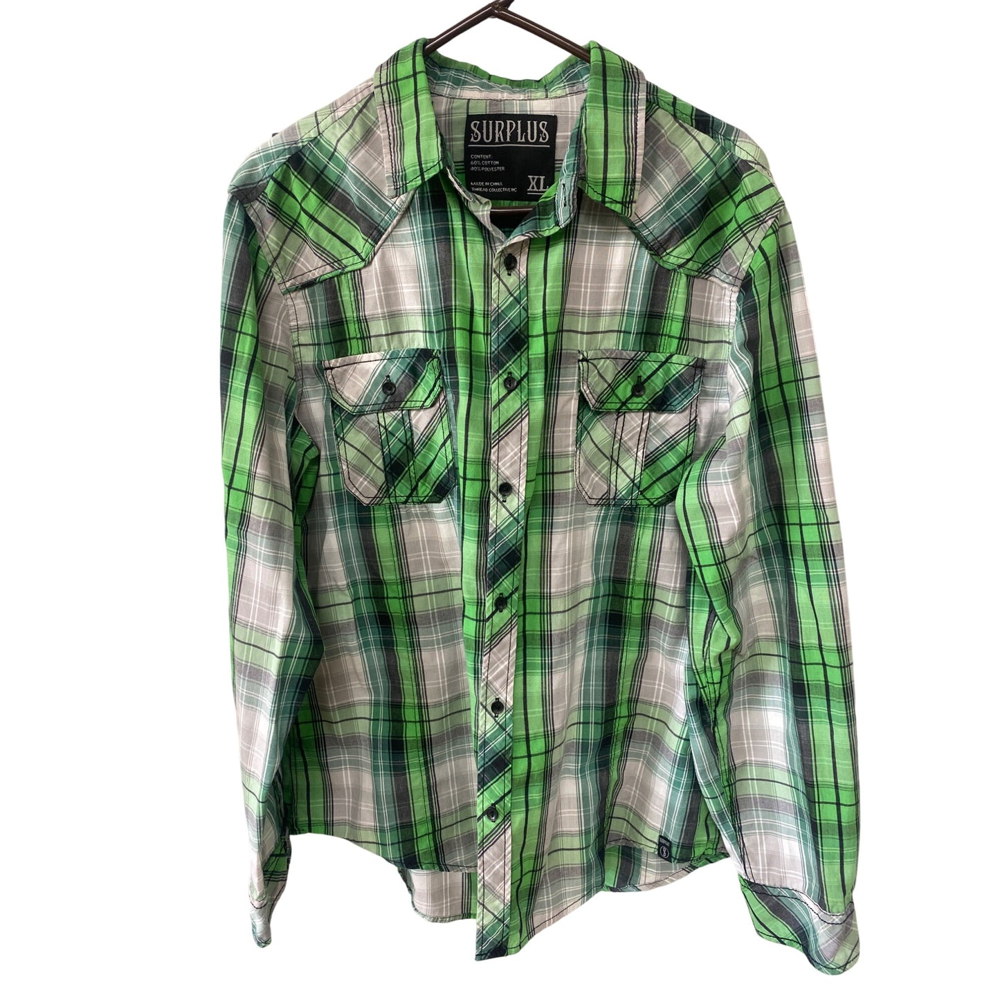 Green & Gray Plaid Button-Up Shirt Surplus XL Casual Long Sleeve Cotton Blend