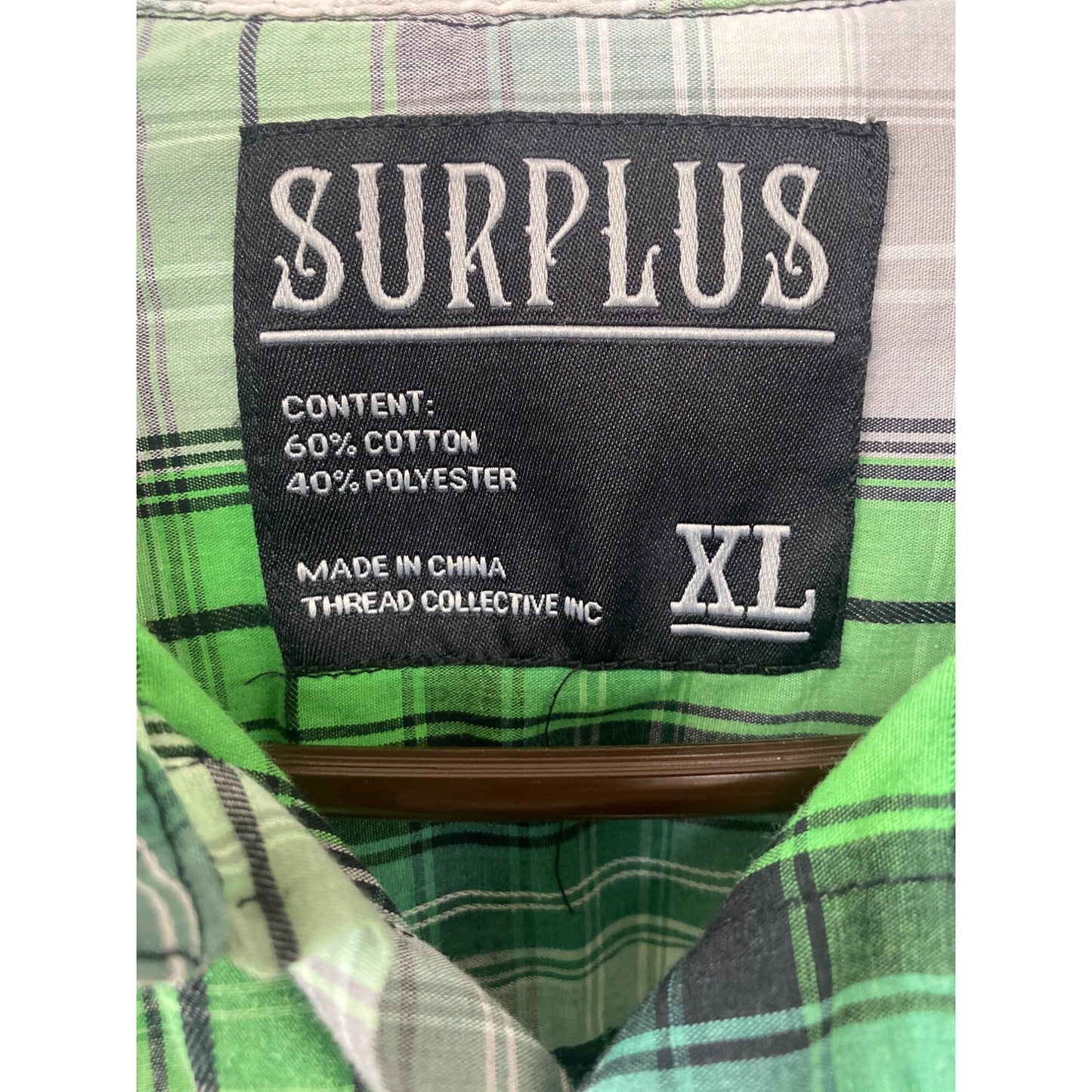 Green & Gray Plaid Button-Up Shirt Surplus XL Casual Long Sleeve Cotton Blend