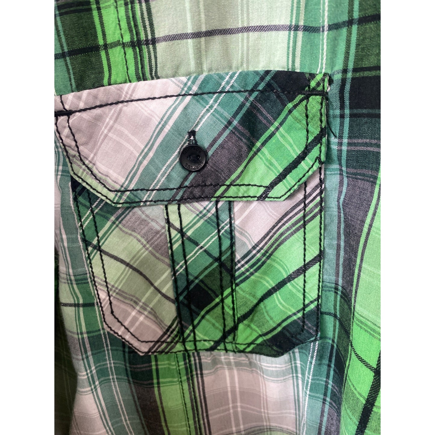 Green & Gray Plaid Button-Up Shirt Surplus XL Casual Long Sleeve Cotton Blend