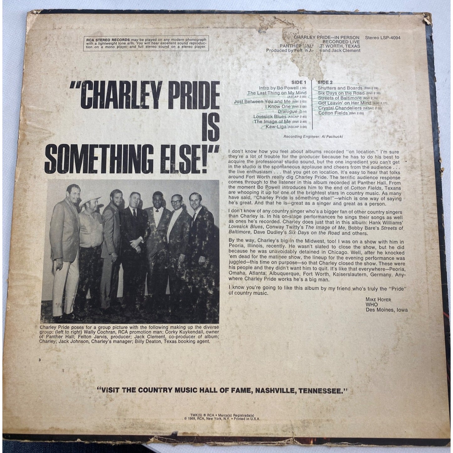 Charley Pride In Person Vinyl Record LP LSP-4094 RCA Victor Stereo Live Panther Hall Texas