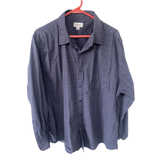 Haggar Mens XL Long-Sleeve Button-Down Shirt Blue Patterned Design Chest Pocket Casual Wear
